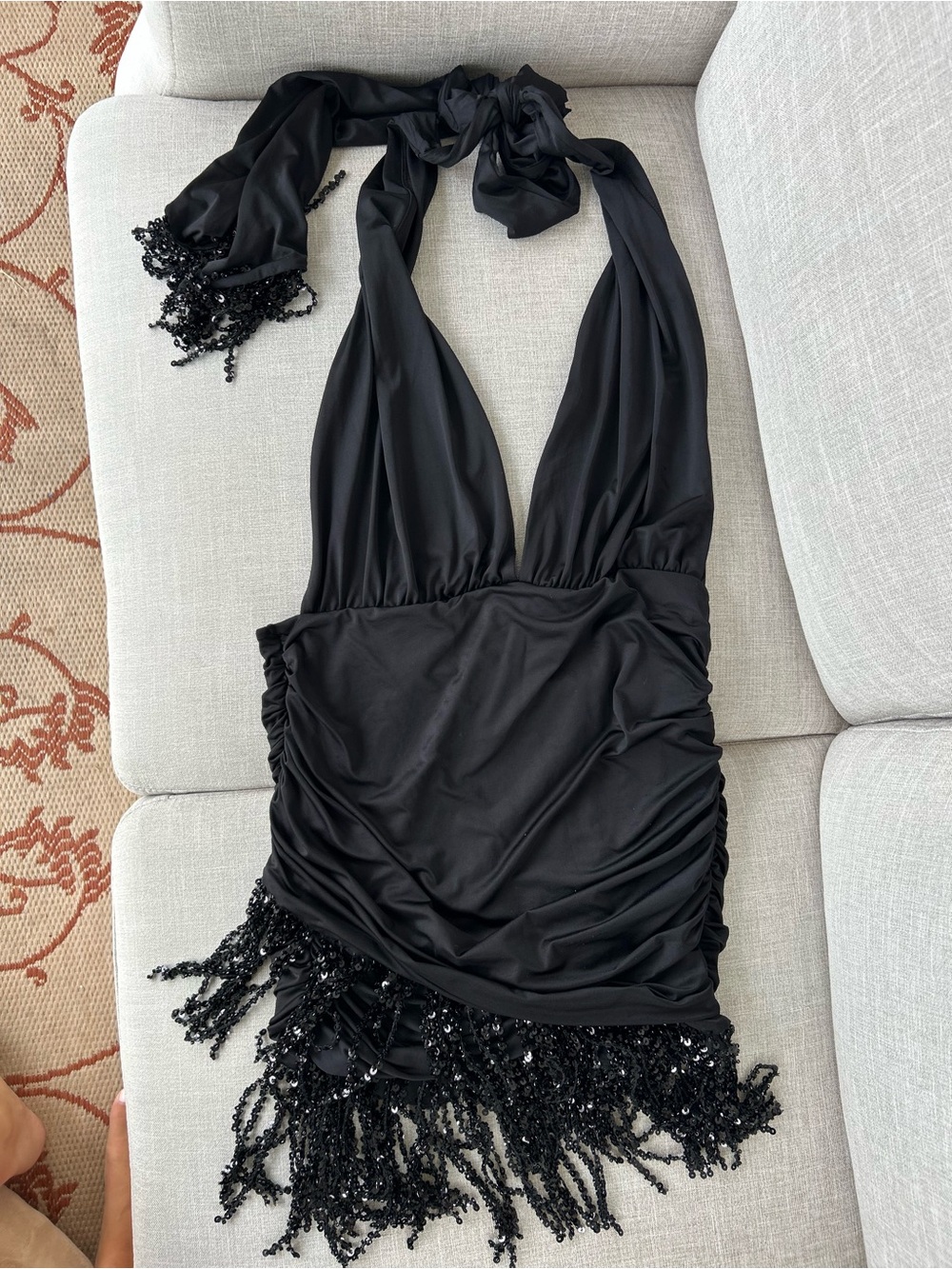 Oh Polly Black Halter Mini Dress with Beaded Fringe